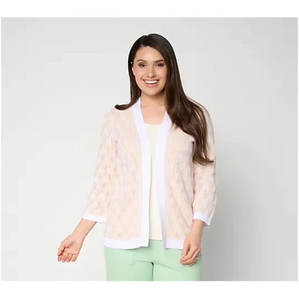 Susan Graver Jacquard Open Front Bell Sleeve Cardigan White/Sand, Small